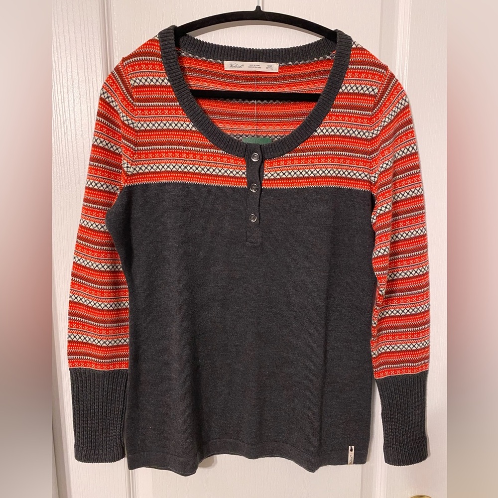 Woolrich Jacquard Scoop Neck Henley Sweater Red Gray Size Medium Petite